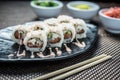 Sushi HOKU maki with salmon, prawns, cream cheese Royalty Free Stock Photo