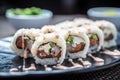 Sushi HOKU maki with salmon, prawns, cream cheese Royalty Free Stock Photo