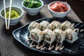 Sushi HOKU maki with salmon, prawns, cream cheese Royalty Free Stock Photo