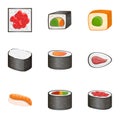 Sushi icon set, cartoon style Royalty Free Stock Photo