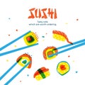 Sushi icons. Asian seafood, shrimp cuisine, salmon roll, art food for dinner, japan fish restaurant, japanese menu cover