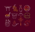 Sushi icons line neon style burgundy color