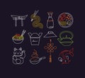 Sushi icons line neon style dark