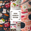 Sushi icons in seamless pattern, vector illustration. Funny cartoon characters, smiling mascots, different kinds of