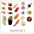 Sushi icons set with shrimp, rolls, wasabi, salmon and fish