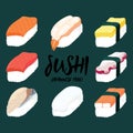 sushi illustration Topped with various seafood such as mackerel, salmon, squid, tuna, shrimp, crab sticks and egg.