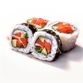 Sushi isolated on white created with Generative AI. Many different foodsin rice rolled and sliced.