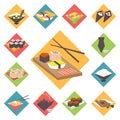 Sushi, Japanese cuisine, food icons set, flat Royalty Free Stock Photo