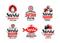 Sushi, Japanese cuisine logo or label. Set of elements for restaurant menu design. Vector illustration