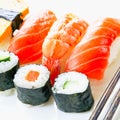 `Sushi `Japanese cuisine, rice decorated with salmon fillets and shrimp,Rice wrapped in seaweed