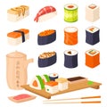 Sushi japanese cuisine traditional food flat healthy gourmet icons asia meal culture roll vector illustration.