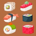 Sushi japanese cuisine traditional food flat healthy gourmet icons asia meal culture roll vector illustration.