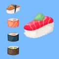 Sushi japanese cuisine traditional food flat healthy gourmet icons asia meal culture roll vector illustration.