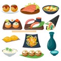 Sushi japanese cuisine traditional food flat healthy gourmet icons and oriental restaurant rice asia meal plate culture