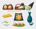 Sushi japanese cuisine traditional food flat healthy gourmet icons and oriental restaurant rice asia meal plate culture Royalty Free Stock Photo