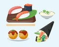 Sushi japanese cuisine traditional food flat healthy gourmet icons and oriental restaurant rice asia meal plate culture Royalty Free Stock Photo