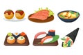 Sushi japanese cuisine traditional food flat healthy gourmet icons and oriental restaurant rice asia meal plate culture