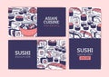 Sushi, Japanese food banners, advertising card designs set. Asian cuisine restaurant, Japan bar, promo horizontal and Royalty Free Stock Photo