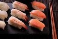 Sushi japanese food platter chopsticks close up Royalty Free Stock Photo