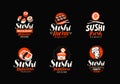 Sushi, rolls, Japanese food set of logos or labels. Vector illustration Royalty Free Stock Photo