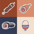 Sushi, kebab, egg, meat sticker set. Hand drawn doodle icon collection Vector illustration for backgrounds, textile prints, menu, Royalty Free Stock Photo