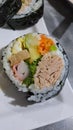 Sushi or kimbap full of tuna, carrot, crabstick, eggroll, cucumbar , mustard Royalty Free Stock Photo