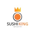 Sushi king logo. Logotype with fish roll and gold crown. Vector concept.