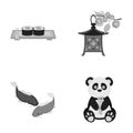 Sushi, koi fish, Japanese lantern, panda.Japan set collection icons in monochrome style vector symbol stock illustration