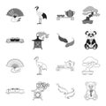 Sushi, koi fish, Japanese lantern, panda.Japan set collection icons in outline,monochrome style vector symbol stock