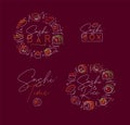 Sushi labels line style neon burgundy color