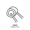 Sushi line icon. Chopsticks holding sushi roll vector sign. Editable sroke