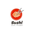 Sushi logo with fish, chinese chopsticks and red circle.