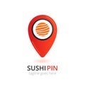 Sushi logo in japanese style. Roll with fish in local pin shape. Logotype vector concept.