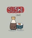 Sushi loves sause, cute cartoon poster Royalty Free Stock Photo