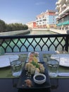 Sushi lunch on a restaurant terrace overlooking the canal in Qanat Quartier on the artificial island of The Pearl, Qatar