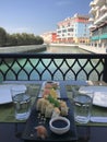 Sushi lunch on a restaurant terrace overlooking the canal in Qanat Quartier on the artificial island of The Pearl, Qatar