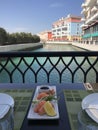 Sushi lunch on a restaurant terrace overlooking the canal in Qanat Quartier on the artificial island of The Pearl, Qatar