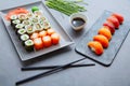 Sushi Maki and Niguiri soy sauce and wasabi Royalty Free Stock Photo