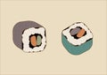 Sushi Maki Roll Icons with Salmon, Tuna, and Rice