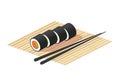 Sushi maki roll vector with salmon, avocado and food chopsticks on bamboo plate illustration, isometric japanese white delicious