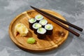 Sushi Maki rolls cucumber. Fresh hosomaki pieces with rice and nori. Close Up of delicious japanese food with sushi roll Royalty Free Stock Photo