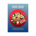 Sushi menu, asian food at japan house restaurant, vector illustration. Drawing roll, fish, rice, vegetable and seafood