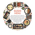 Sushi menu banner with Japanese cuisine icons set in circle Royalty Free Stock Photo