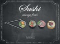Sushi menu on chalkboard background, vector, illustration, freehand.