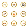 Sushi menu icons set, cartoon style