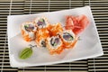 Sushi menu rolls with flying fish caviar Royalty Free Stock Photo