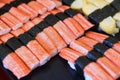 Sushi menu set Japanese cuisine fresh ingredients on tray - Japanese food sushi crab stick with nori roll in the restaurant Royalty Free Stock Photo