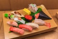 Sushi Mix Set fake of Japanese food on bamboo wood Royalty Free Stock Photo