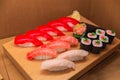 Sushi Mix Set fake of Japanese food on bamboo wood