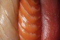 Sushi nigiri assortment with salmon, tuna and butterfish macro close up full frame. Royalty Free Stock Photo